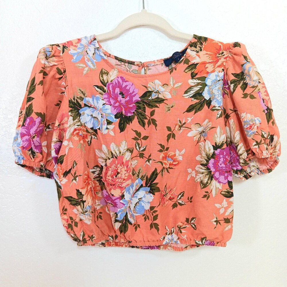 Rachel Roy Floral Linen Blend Puff Sleeve Blouse SizeS Coral Spring Summer Girly